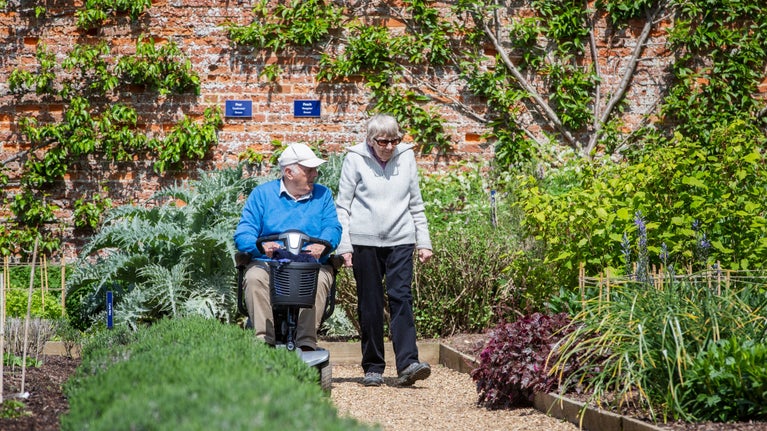 A mobility scooter user and a companion move along a level gravel path in Felbrigg’s Walled Garden, with raised planting beds and fruit trees growing against a brick wall in the background.